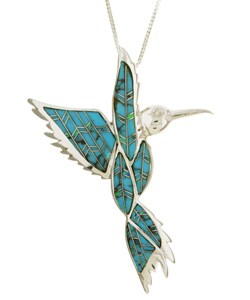 Silver Turquoise and Opal Hummingbird Necklace