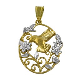 14k Two-tone Gold Hummingbird and Flower Pendant