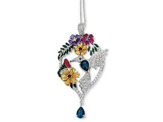 Cheryl M(tm) Sterling Silver Enameled CZ and Sim. Gemstones Hummingbird 18in Necklace