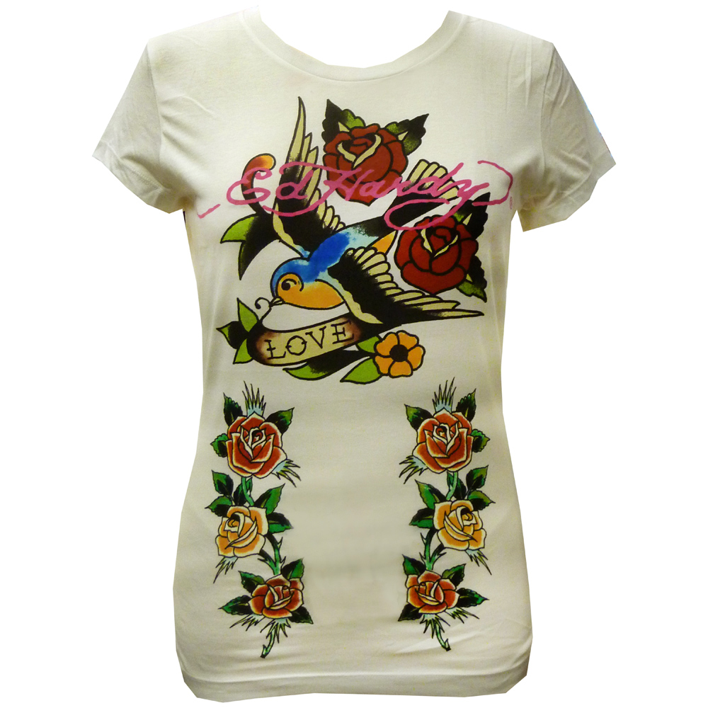 Ed Hardy Womens Specialty Hummingbird & Roses Crew Neck T-Shirt - Off White