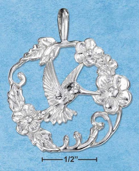 Sterling Silver Hummingbird Pendant In A Ring of Flowers