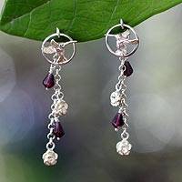 Garnet flower earrings, 'Hummingbird Song' (Indonesia)