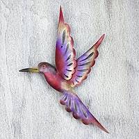 Iron wall sculpture, 'Rosy Hummingbird' (medium) (Mexico)